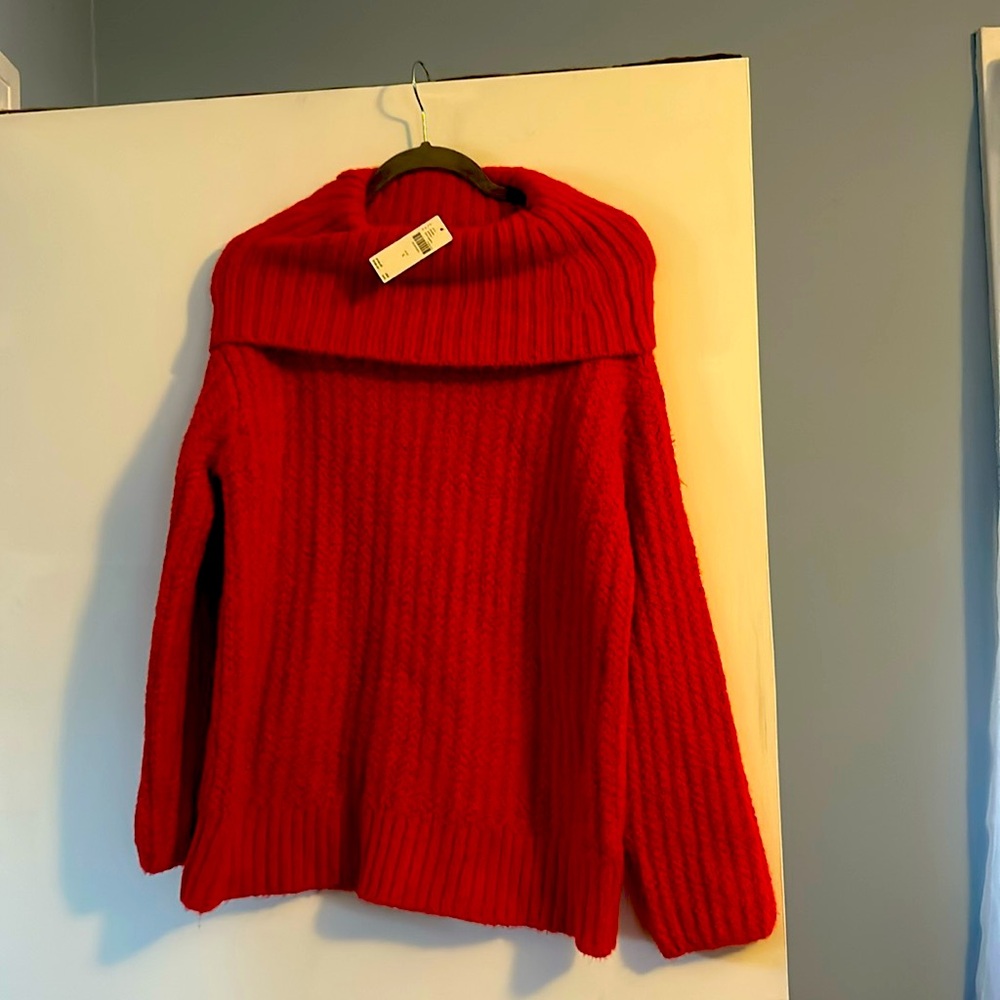 Maeve (anthropologie) red holiday sweater, funnel neck, knit. Women’s small.